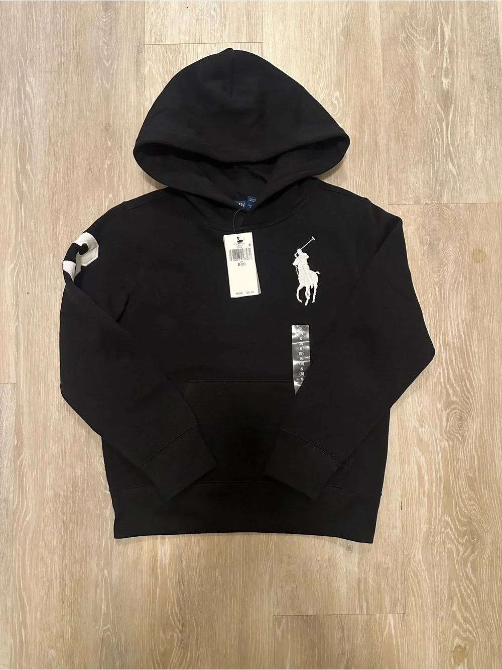 Polo Ralph Lauren Boy’s Black Big Pony Fleece Hoodie with White Pony, Size S(8)
